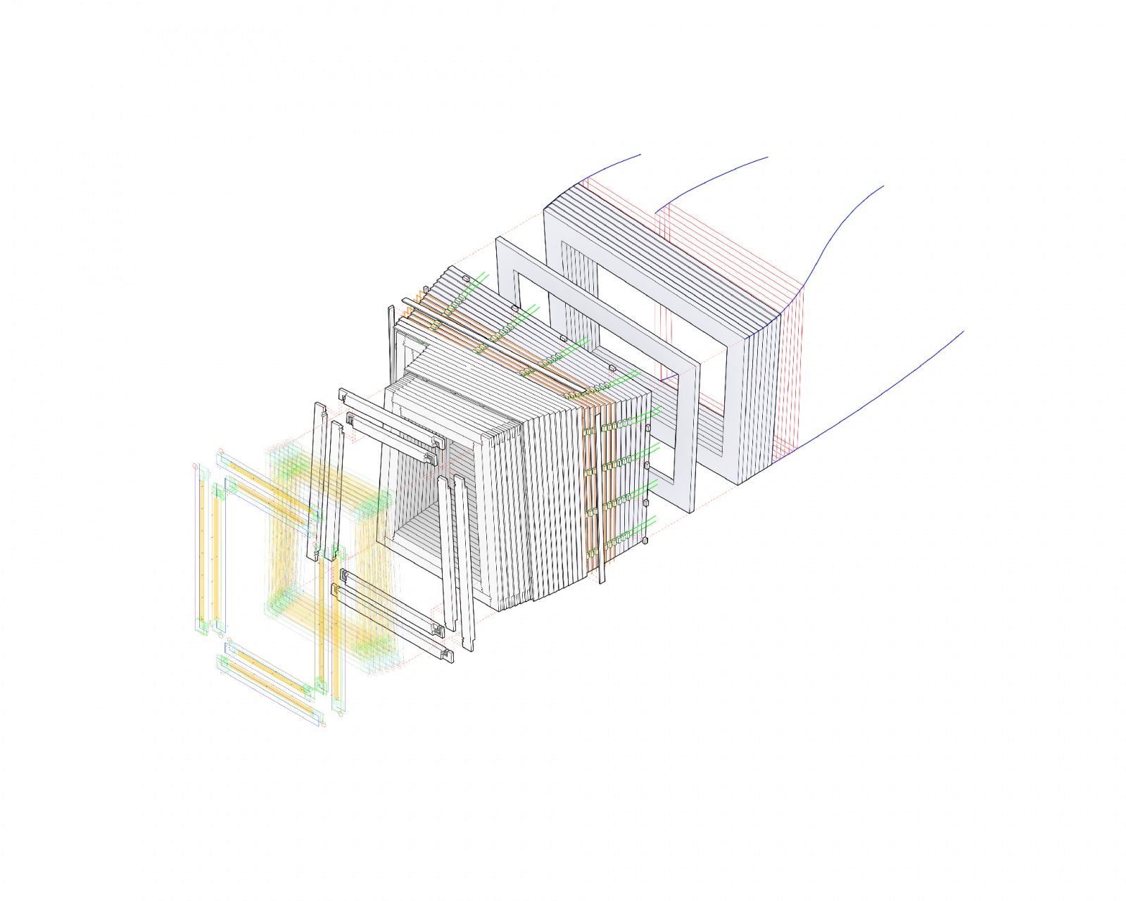 Timber Prototype House, Explosionszeichnung des Entwurfs, Bild: Oliver Bucklin, ICD